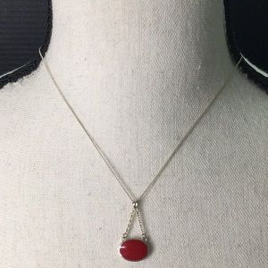 Silver Necklace with Oval Red Stone Hanging from 2 Silver Chains